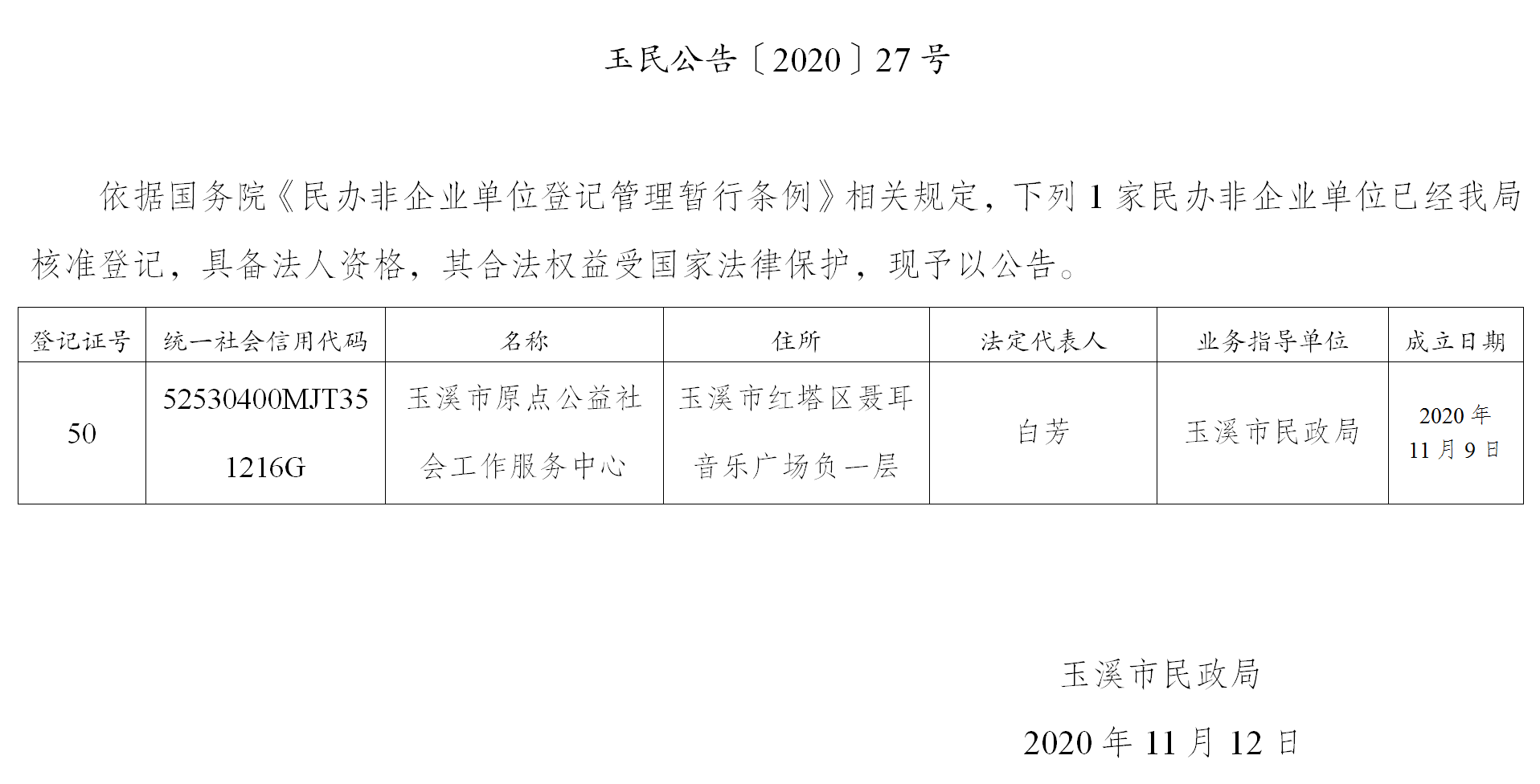 玉民公告〔2020〕27号 玉溪市原点公益社会工作服务中心成立公告.png 玉民公告〔2020〕27号 玉溪市原点公益社会工作服务中心成立公告.png